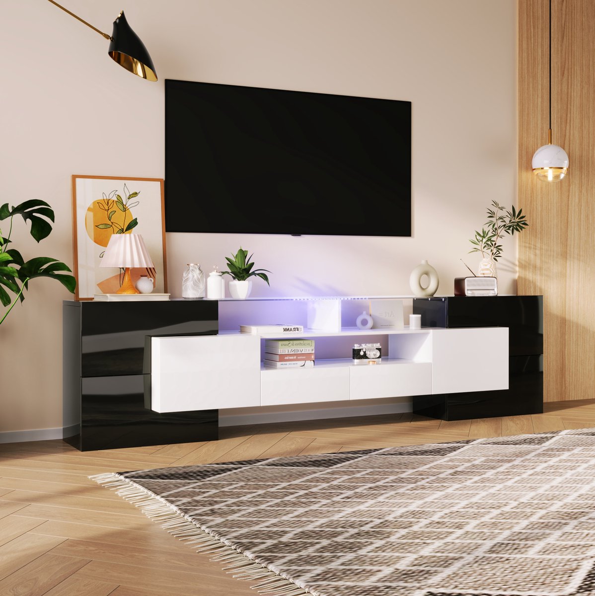 MEUNIQ tv-meubel 200 cm met LED-verlichting, 4 deuren, 2 lades en 3 vakken, hoogglans zwart-wit dressoir voor woonkamer
