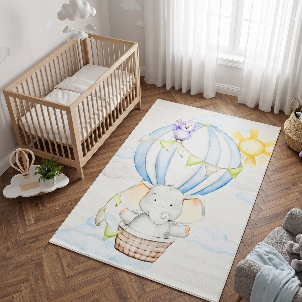 Tapiso Kids Kindervloerkleed Olifant Luchtballon – Zacht Babykamertapijt Crème Blauw Aquar