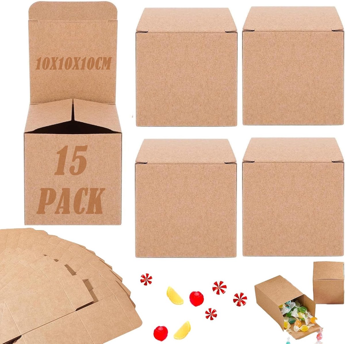 16 Stuks Bruin Kraftpapier, Cadeaudozen 10 x 10 x 10 cm, Kleine Sieraden Dozen met Deksel voor Verjaardag, Kerst en Bruiloft
