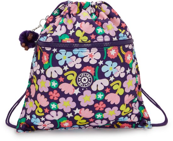 Sac à dos violet avec imprimé floral et porte-clés singe Kipling violet.