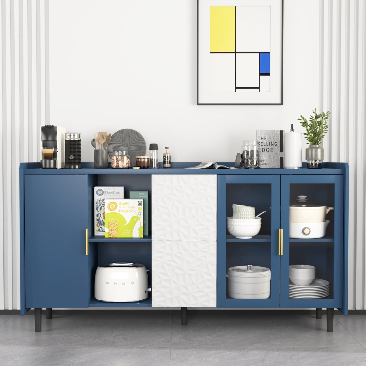 MEUNIQ keukenkast 150 x 40 x 80 cm met 2 lades, 2 open vakken en 2 glazen deuren, buffetkast en koffiebar opbergkast voor keuken, eetkamer of woonkamer, blauw