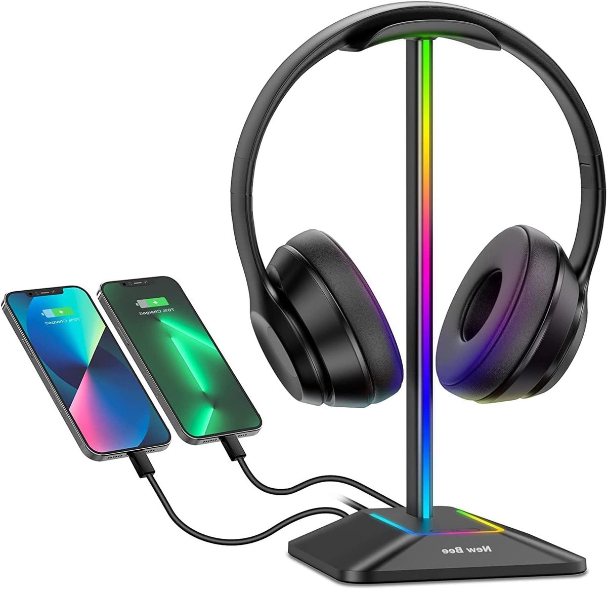 Hoofdtelefoonstandaard met RGB-verlichting, 1 USB-C en 1 USB-oplaadpoort, Gaming headset houder met 7 lichteffecten, Geschikt voor alle hoofdtelefoonaccessoires