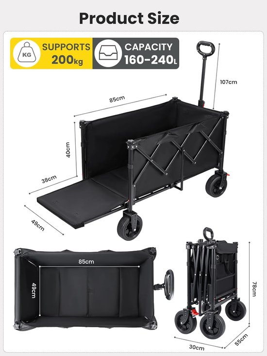 Opvouwbare Bolderkar - 200 kg Draagvermogen - 160-240L - All-Terrain Wielen - Met Rem en Laadnet van Opvouwbare Bolderkar — afbeelding 5
