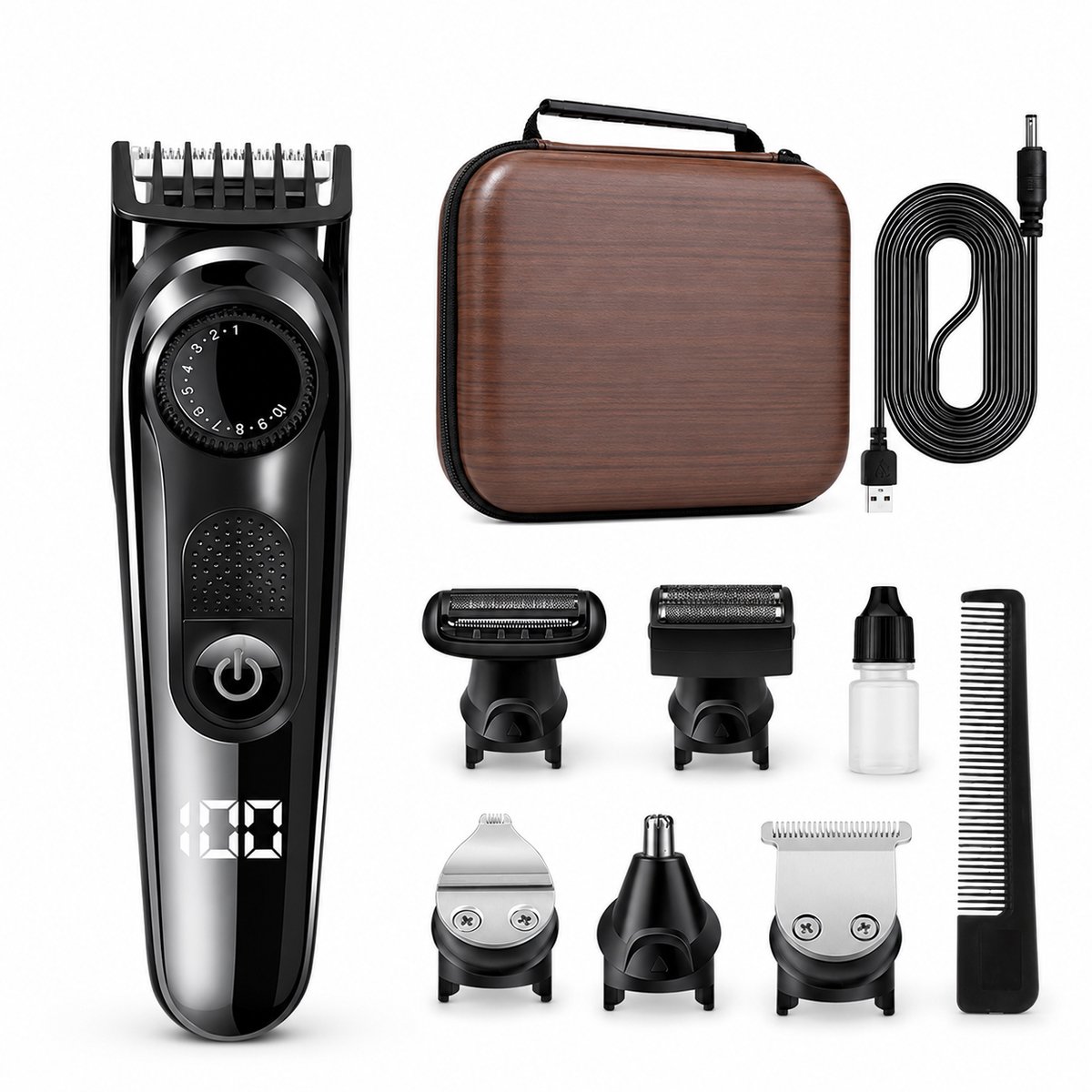 Baardtrimmer Mannen 9-in-1 - Multigroomer - Neustrimmer en Precisietrimmer - Tondeuse - Scheerapparaat - LED Display - 90 Min Gebruiksduur - USB Oplaadbaar - Met Opbergetui - Zwart