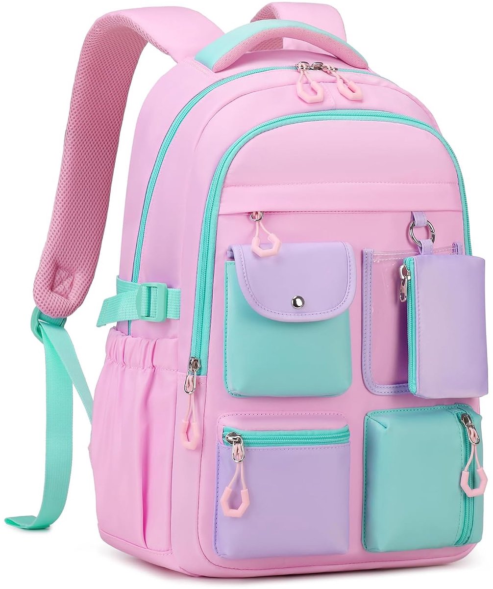 LISM-Kinderrugzak, rugzak met meerdere vakken voor basisschoolmeisjes van 6-10 jaar (roze)