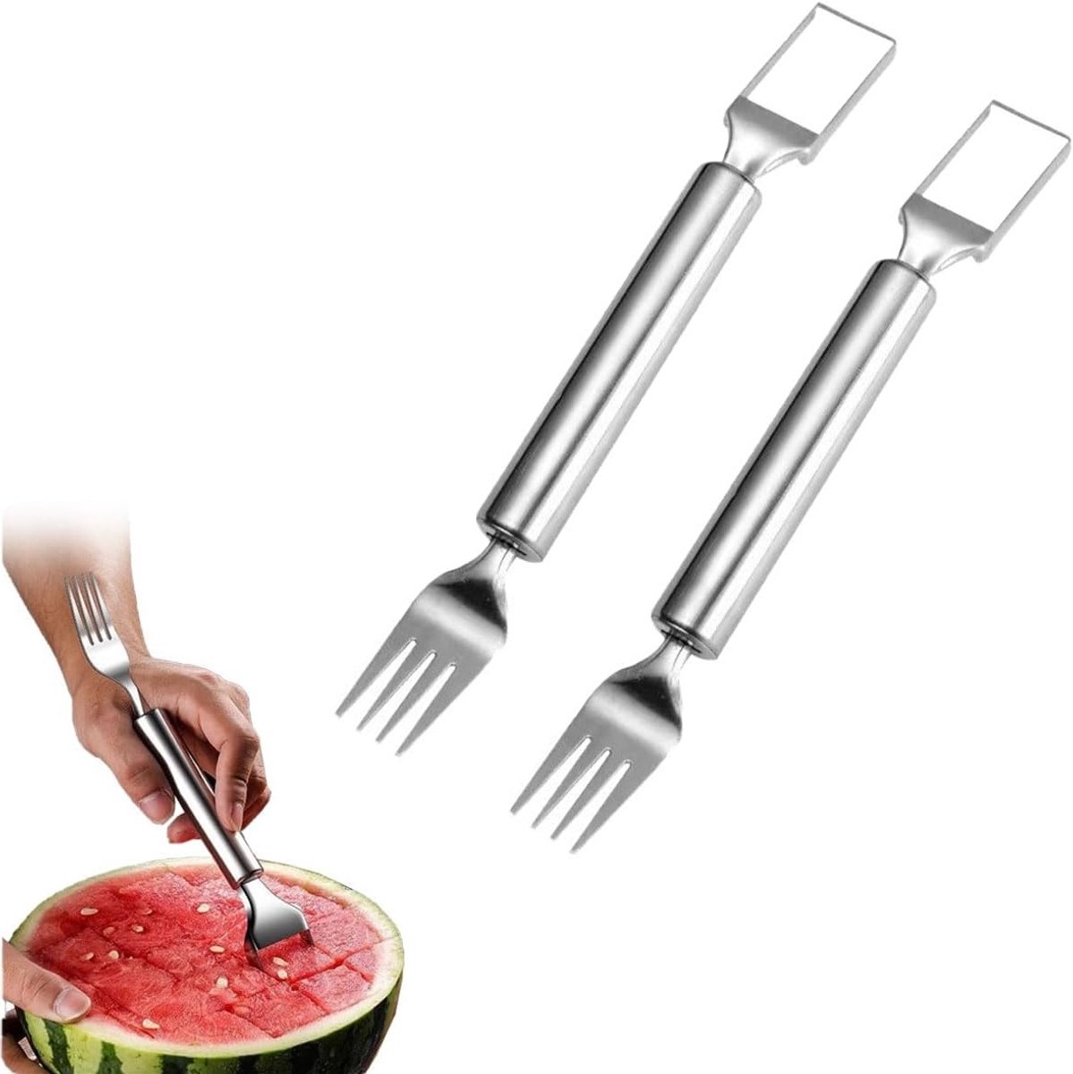 2-in-1 RVS Watermeloen Vork en Fruit Snijder met Dubbele Kop voor Gezinnen, Kamperen en Tuinieren