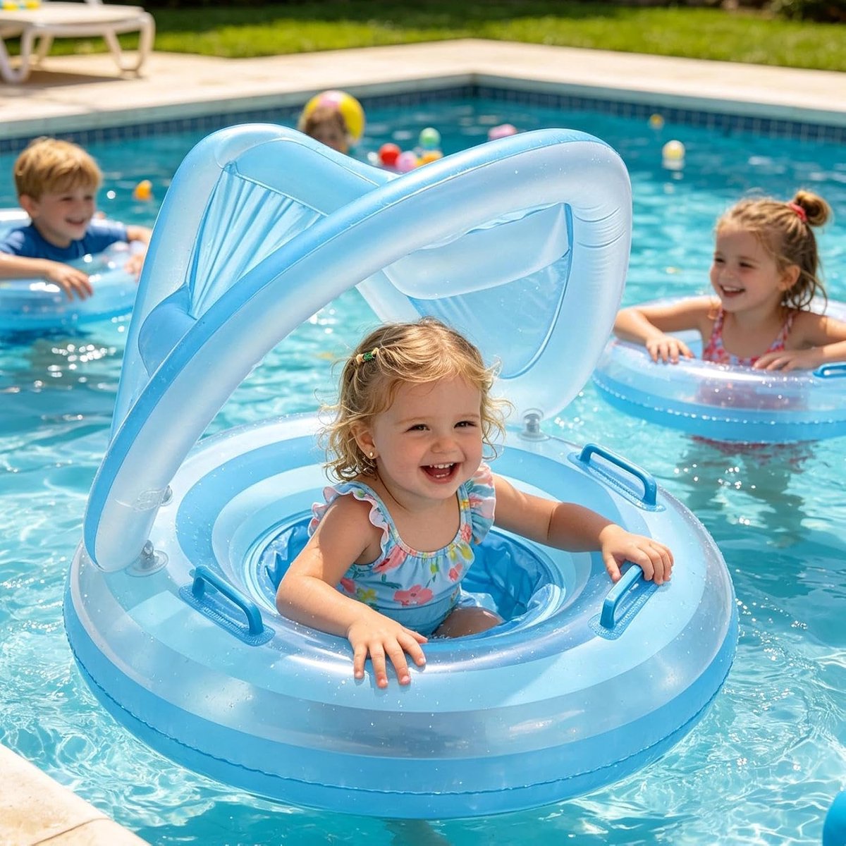 LISM - Ergonomisch waterdicht, draagbaar opblaasbaar zwembadmatras met luifel. Geschikt voor kinderen van 6 maanden tot 6 jaar, ideaal voor strandvakanties en reizen (lichtblauw).