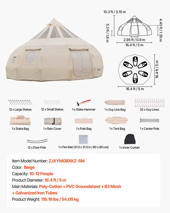 VEVOR Canvas Bell Tent, 5m Yurt, 4 Seizoenen, met Schoorsteenopening & Regenhoes, Poly-katoenstof, Slaapplaatsen tot 12 Personen, voor Familiekamperen & Andere Buitenactiviteiten, Beige van Vevor — afbeelding 4