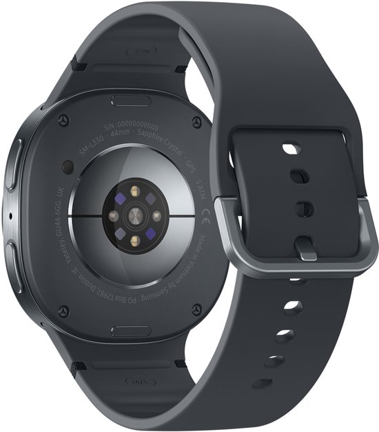 Achterkant van donkergrijze smartwatch met sensoren en informatie.