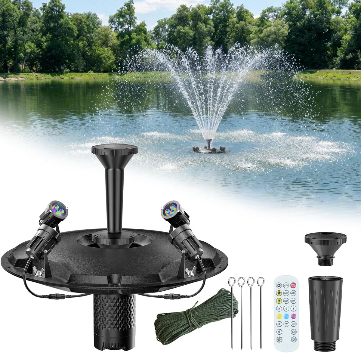 POPOSOAP Drijvende Vijverfontein & Beluchter Complete Set met LED-verlichting - 4600 L/u Waterpomp - 9 m Stroomkabel - 3 Sproeivarianten - voor Vijvers - Zwembaden - Meren en Watertuinen