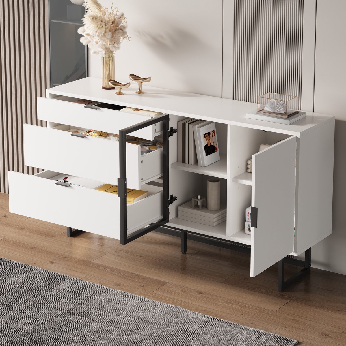 MEUNIQ dressoir 160 x 36 x 78 cm met 3 lades, glazen deuren en LED-verlichting, sideboard voor eetkamer of woonkamer, wit met zwart metalen frame