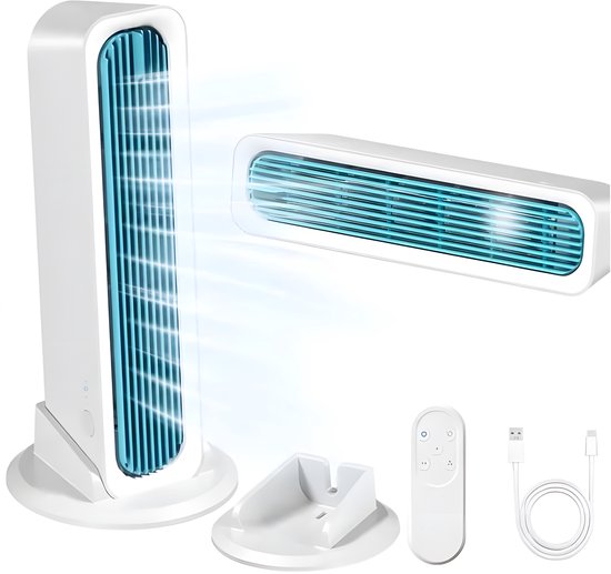 Witte torenventilator met blauwe lamellen, inclusief losse voet, afstandsbediening en USB-kabel.