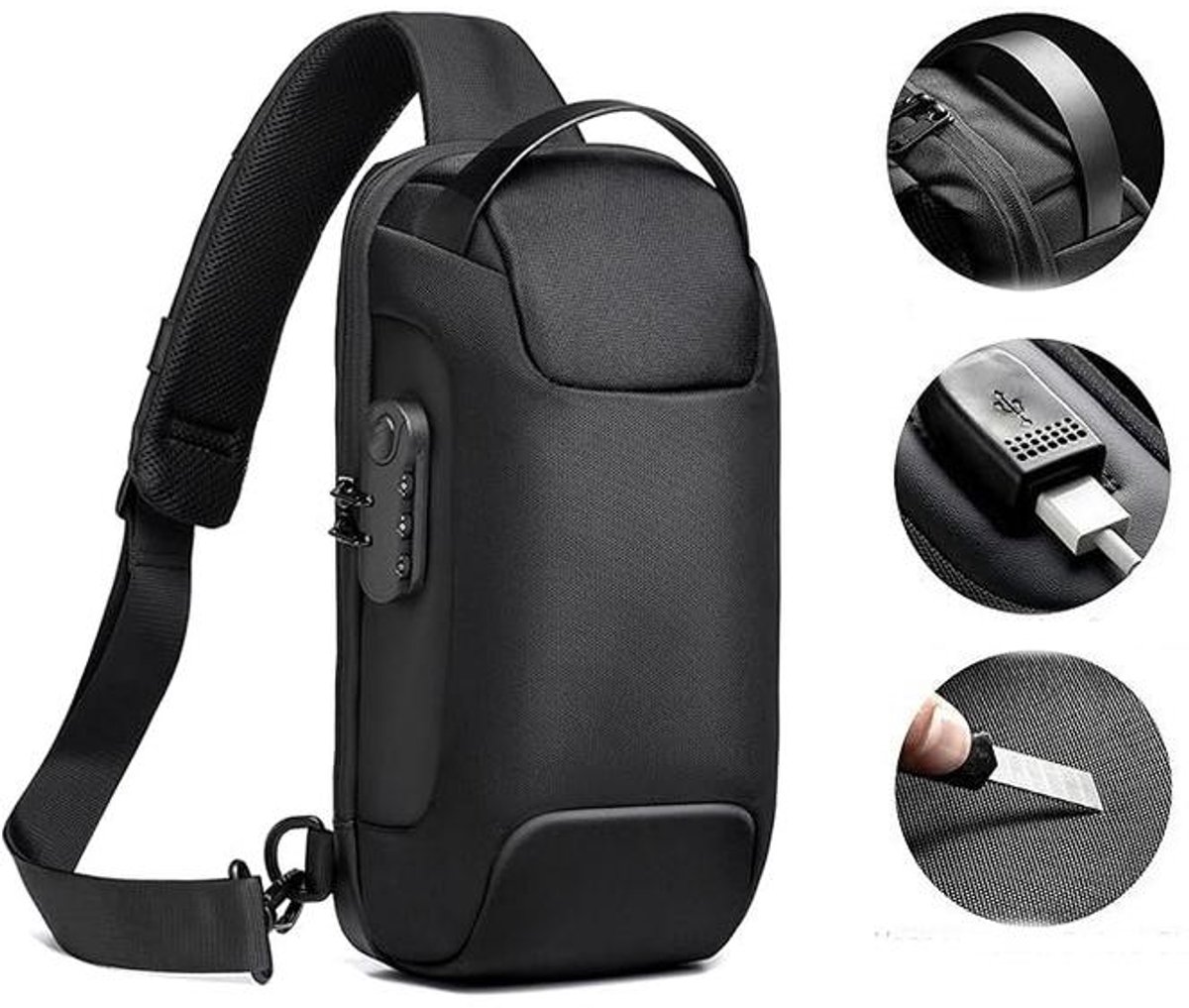 KZQ Anti-diefstal Crossbodytas - Waterdichte borsttas/schoudertas met USB-aansluiting, lichtgewicht en draagbaar - Unisex, geschikt voor dagelijks gebruik, wandelen, reizen en muziekfestivals - Zwart
