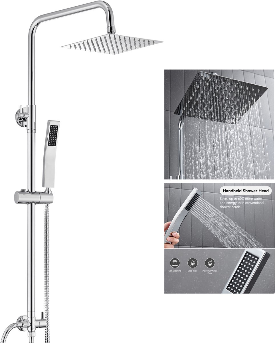 Auralum Max Douchesysteem Regendouche - Roestvrijstalen Doucheset - Handdouche - Verstelbare Hoogte 72-110 cm - Regendoucheset - Waterbesparend - Chroom