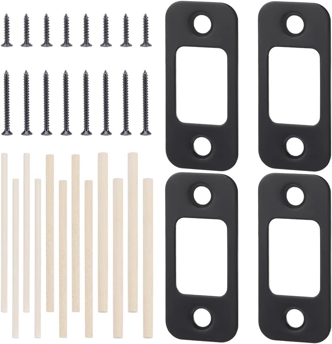 4 Pack Deadbolt Strike Plate voor Deurherstel, Grote Opening en Smalle Rand, Inclusief Houten Sticks en Schroeven voor Perfecte Uitlijning en Veiligheid