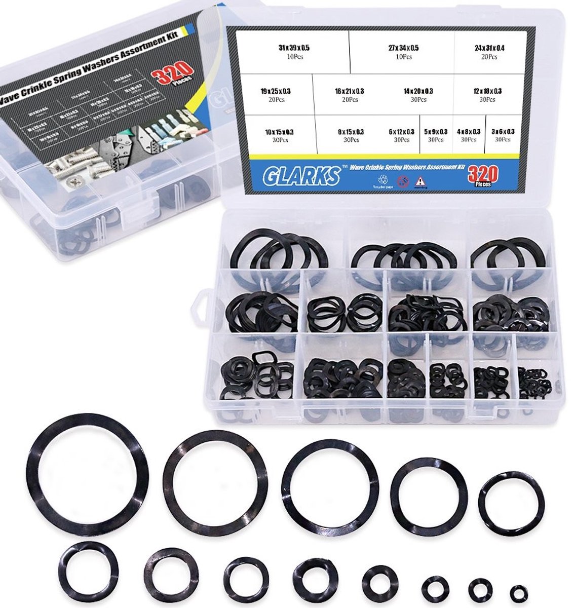 320 Stuks Carbon Staal Compressie Type Golfveertjes Assortiment Kit voor Diverse Toepassingen