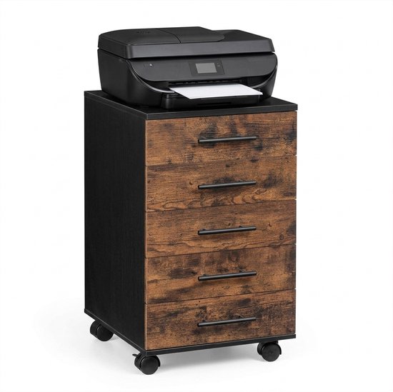 Zwart met houtkleurig ladekastje met 5 lades, met printer erop, op wielen.