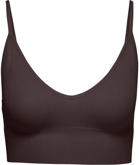 Brassière courte côtelée sans couture marron avec encolure en V et fines bretelles.