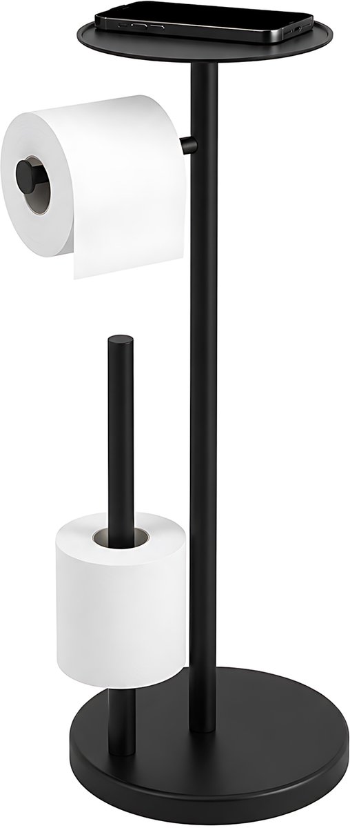 RVS Toiletrolhouder met Telefoonplank - Wand Toiletpapier Houder - Badkamer Rolhouder - Dubbele Stang Toiletrol Rek - Zwart