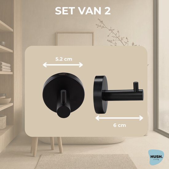 Afmetingen van een zwarte handdoekhaak: diameter 5,2 cm, lengte 6 cm.