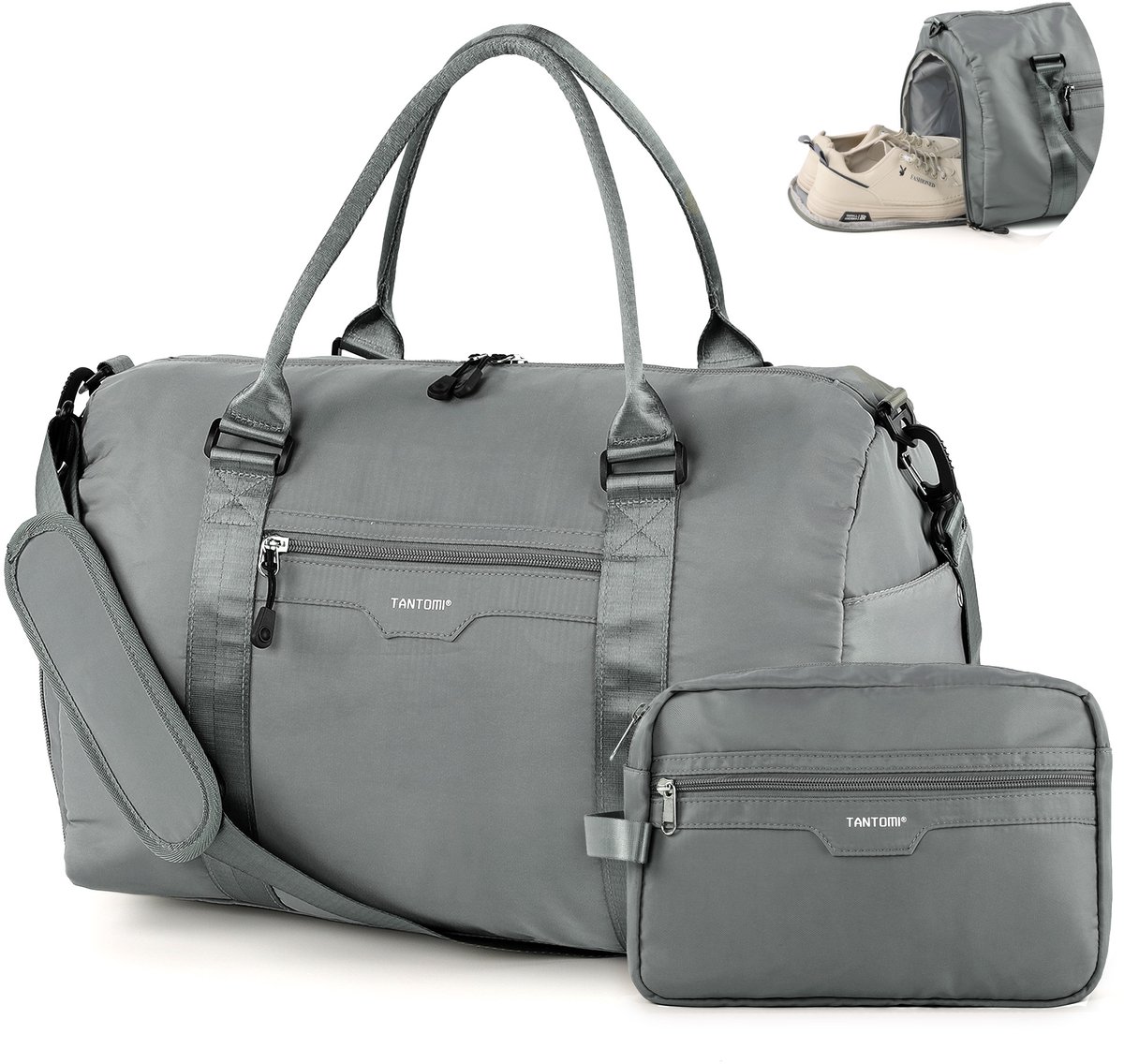 TANTOMI - Reistas - 44.5 x20 x28cm - waterdicht - met schoenenvak en nat vak - voor dames en heren - Handbagage tas - Inclusief Toilettas - Weekendtas - sporttas - voor reizen, sport, fitness - Donkergrijs