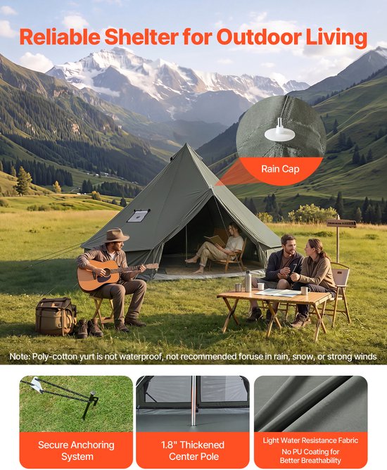 VEVOR Canvas Bell Tent, 4m Yurt, 4 Seizoenen, met Schoorsteenopening, Slaapruimte voor Maximaal 4 Personen, met Uitneembare Vloer (Ritssluiting), Ideaal voor Gezinskamperen en Buitenactiviteiten, Groen van Vevor — afbeelding 4