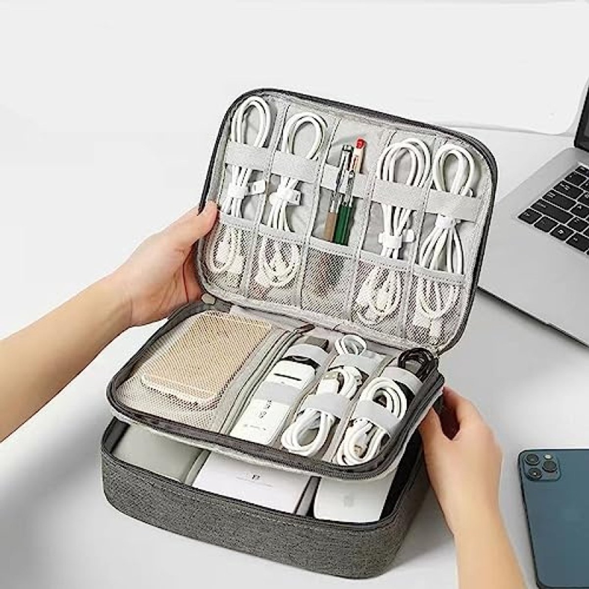 Arvion 3-laagse Organizer voor Elektrische Kabels, Elektronica Accessoires Tas voor Reizen, Grijs, 27 x 20 x 10 cm