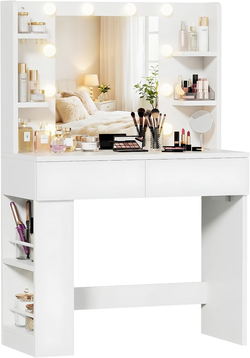JCP® Kaptafel - 2 Lades & Verstelbare Zijlade - Kaptafel met Spiegel en Verlichting - Kaptafel met Spiegel - Wit - 40cm x 88cm x 137cm