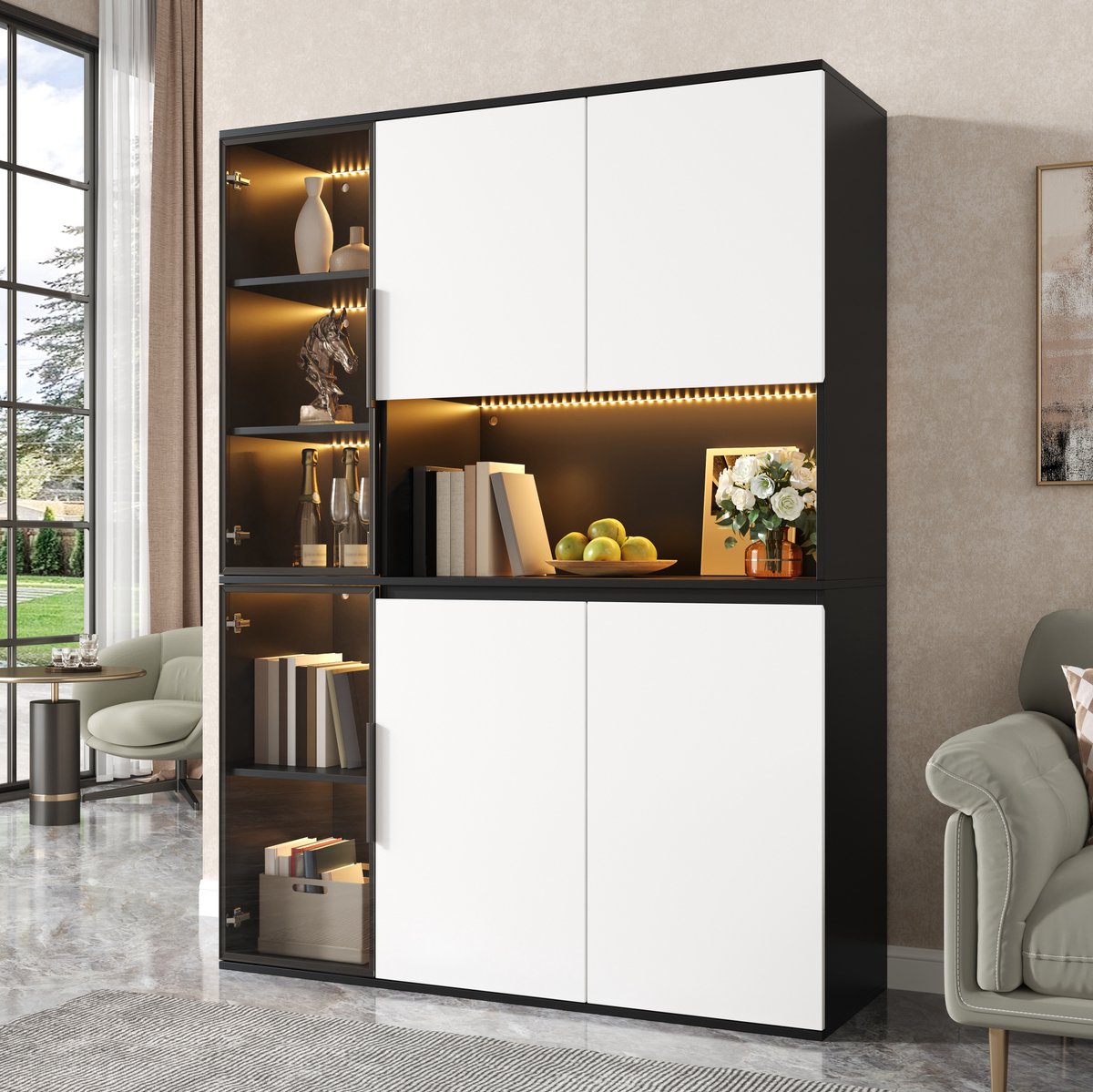STILVORA Dressoir - Hoge Kast Met LED-Verlichting En Glaselementen - Voor Woonkamer Eetkamer Of Kantoor - MDF - 120x40x160 Cm - Zwart;Wit
