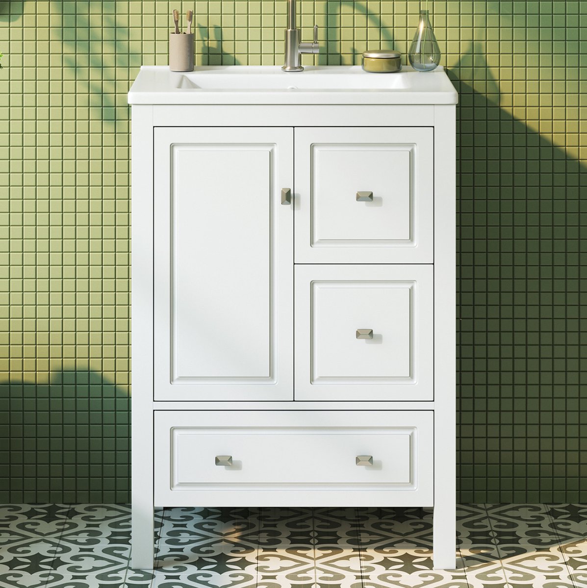 STILVORA Badkamerkast - Staande Badkamerwaschtafel Met Keramische Wastafel En 3 Lades - Voor Moderne Badkamer - Keramiek MDF - 62x47x90 Cm - Wit