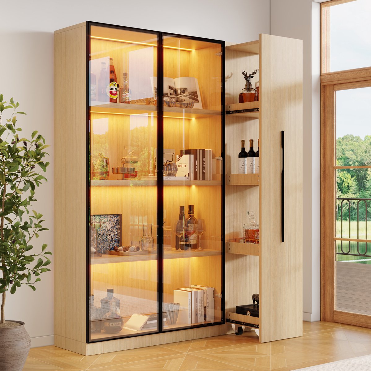 STILVORA Boekenkast - Vitrinekast Met Led En Uittrekbaar Opbergdeel - Voor Woonkamer En Kantoor - MDF - 110,5x35x160 Cm - Eiken