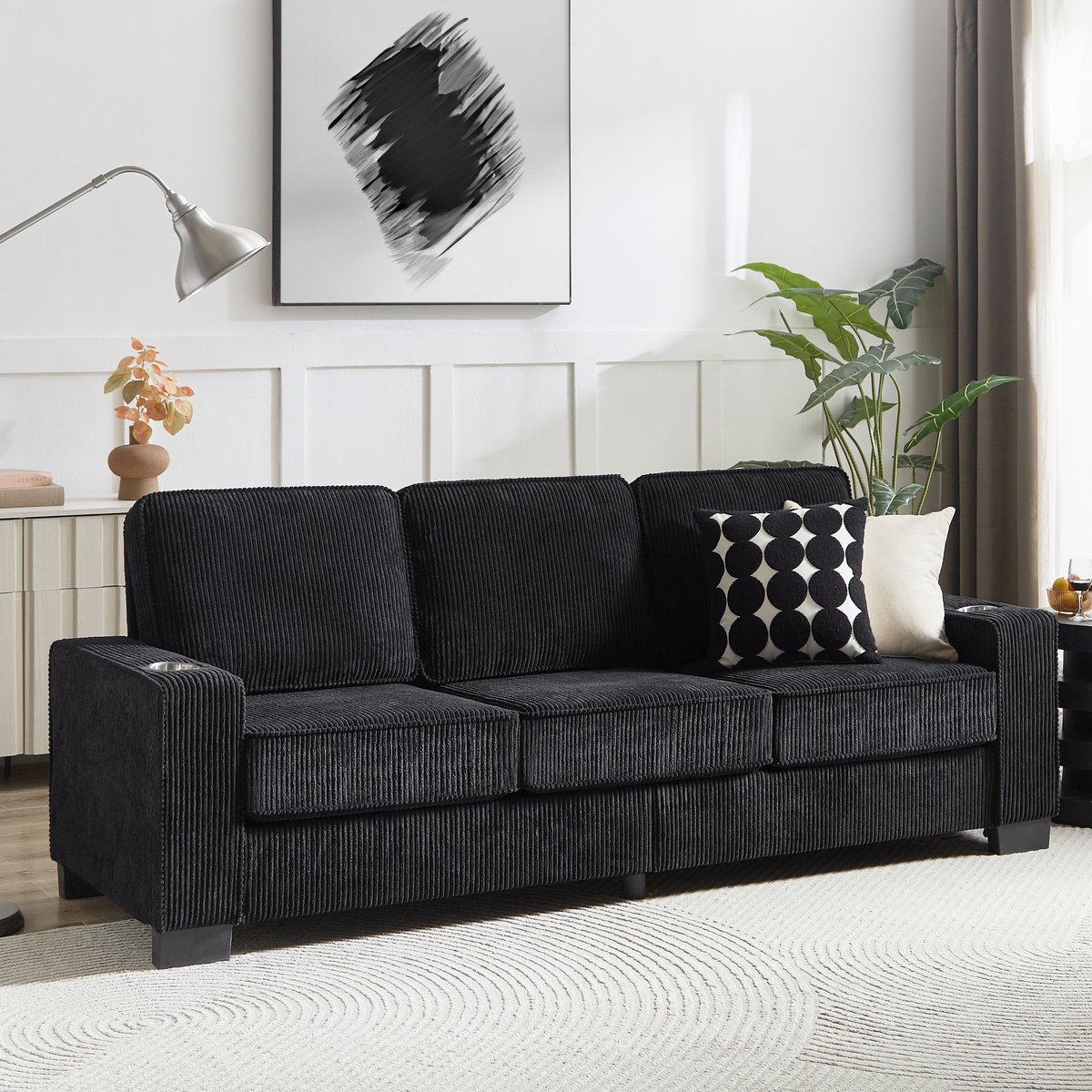 Pugsdrly - 3-zitsbank - Corduroy - Zwart - 206 cm - Drankhouders - Moderne stijl