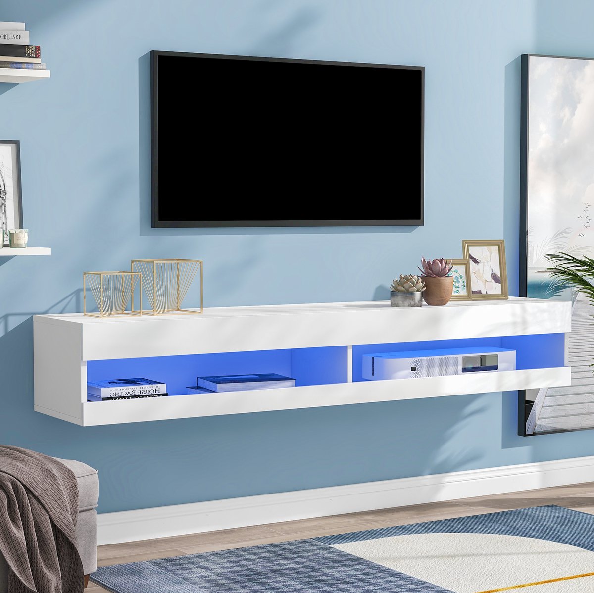 HAUSS SPOLE Tv-Meubel - Wandgemonteerd Met Ledverlichting En Opbergruimte - Voor Woonkamer - Mdf Hoogglans Wit - 140x40x30,5 Cm