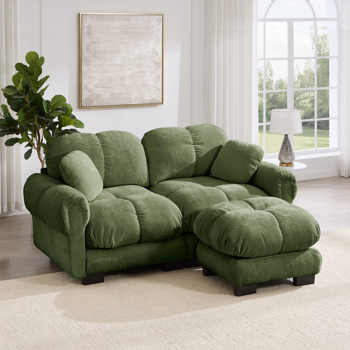 STILVORA Hoekbank 2-Zits - Modulaire L-Vorm Met Mobiele Ottomaan En Steppatroon - Voor Woonkamer - Chenille - Groen