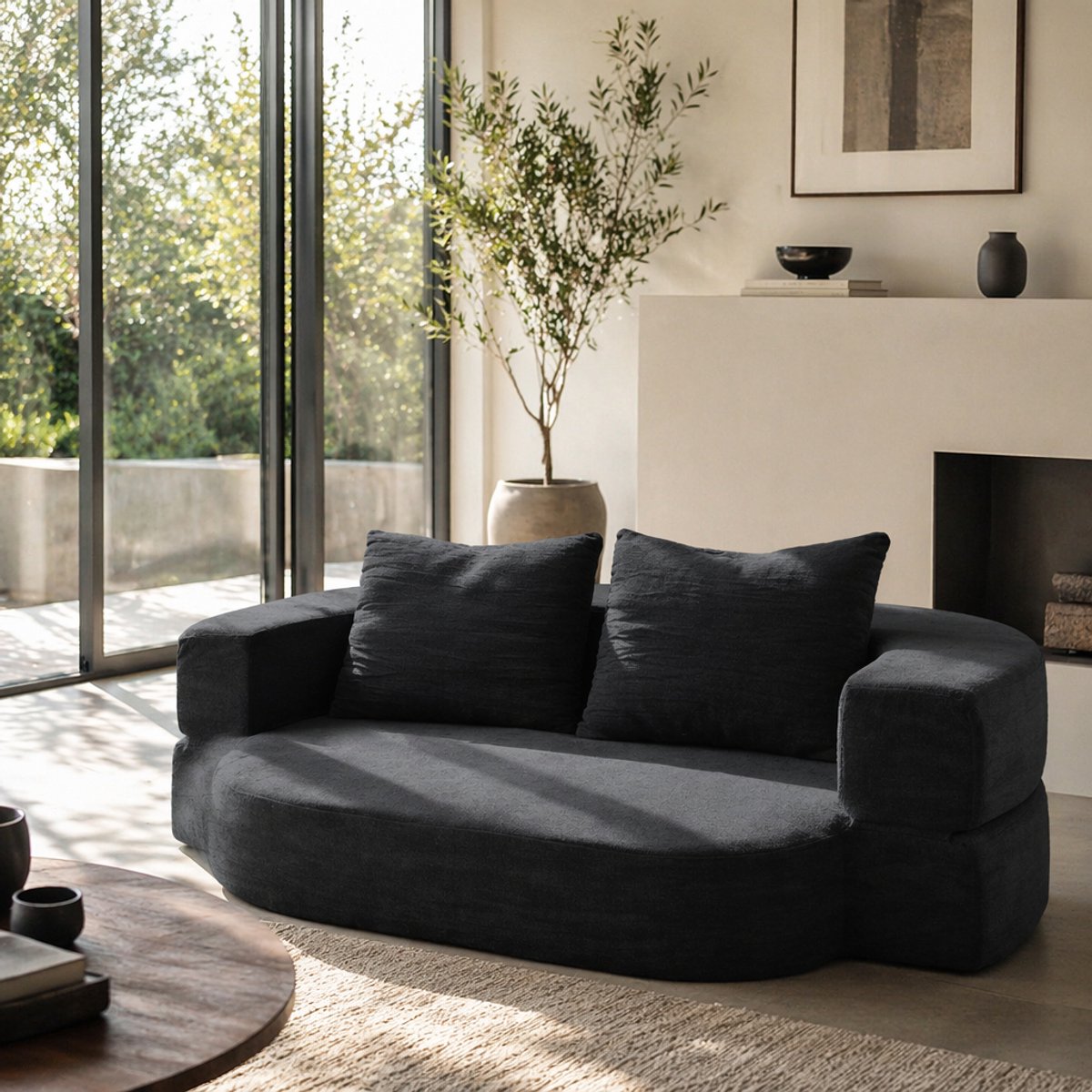 MIVRAY Slaapbank 200 x 130 x 60 cm - Opvouwbare 3-in-1 Bedbank Met 2 Kussens - Voor Woonkamer En Logeerkamer - Stof Zwart