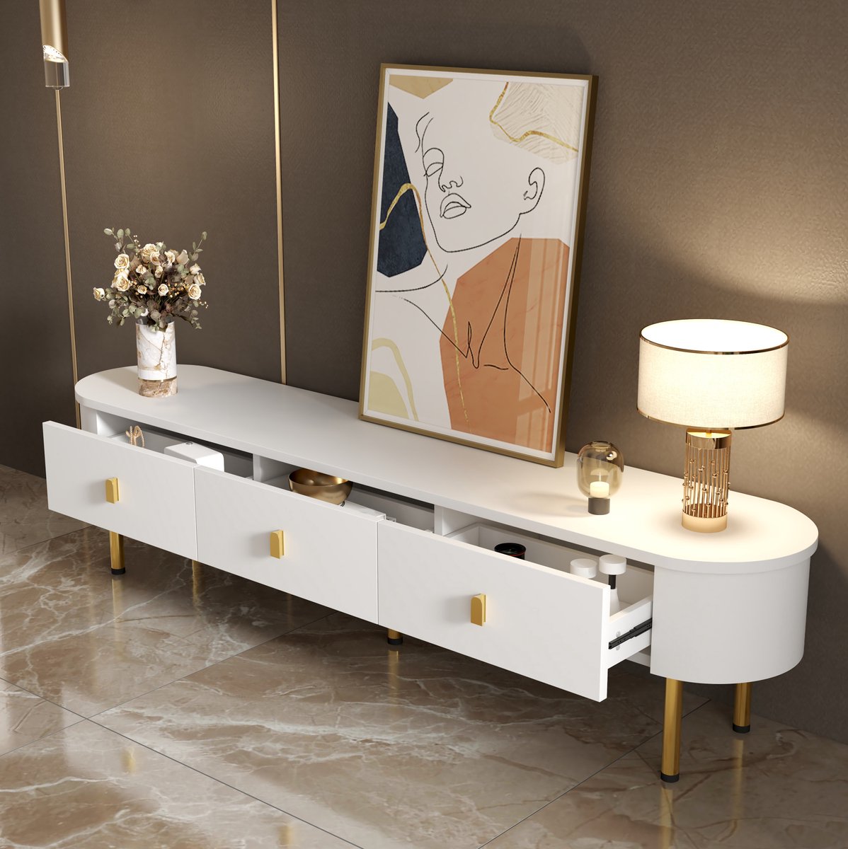 HAUSS SPOLE Dressoir - TV Meubel Met 3 Lades En Gouden Grepen - Voor Woonkamer - MDF - 174x35x41 Cm - Wit En Goud