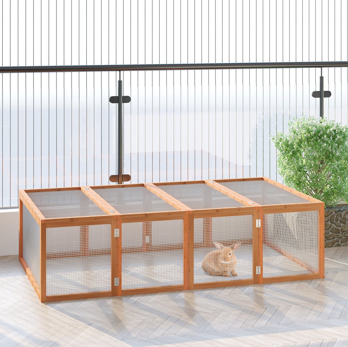 MIVRAY Konijnenren – Ruime Uitloop Met Dubbele Opklapdeksels – 181 x 100 x 48 Cm – Hout – Naturel – Voor Tuin En Buitenverblijf