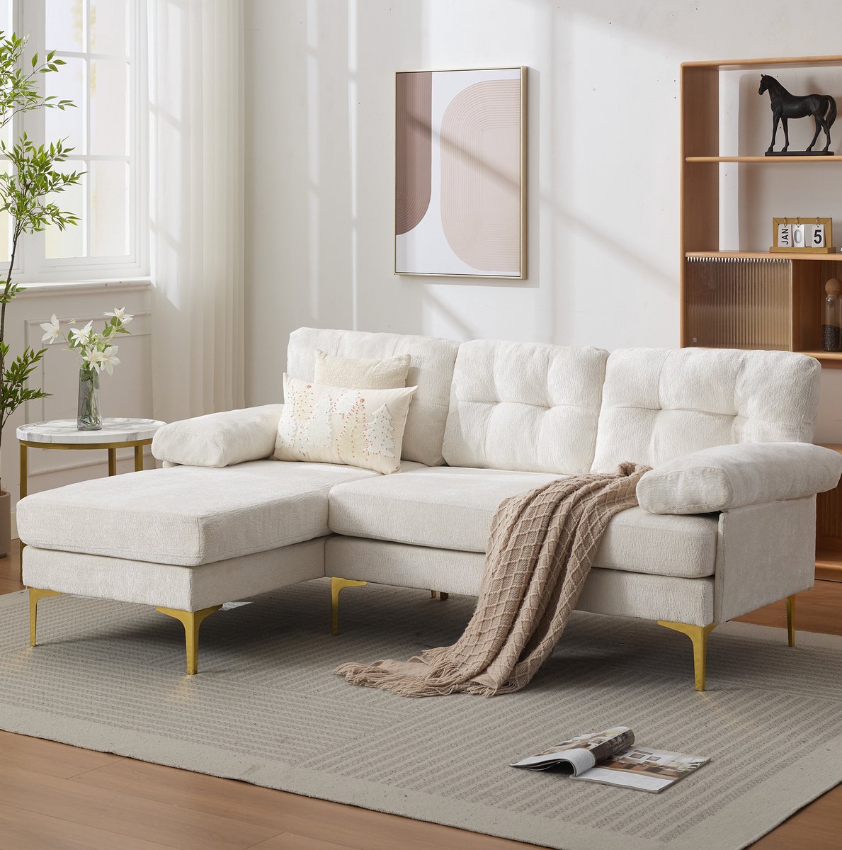 MIVRAY Hoekbank 3-Zits 187,5 Cm L-Vormig Met Links En Rechts Wisselbare Chaise Langue Chenille Houten Frame Metalen Poten Beige