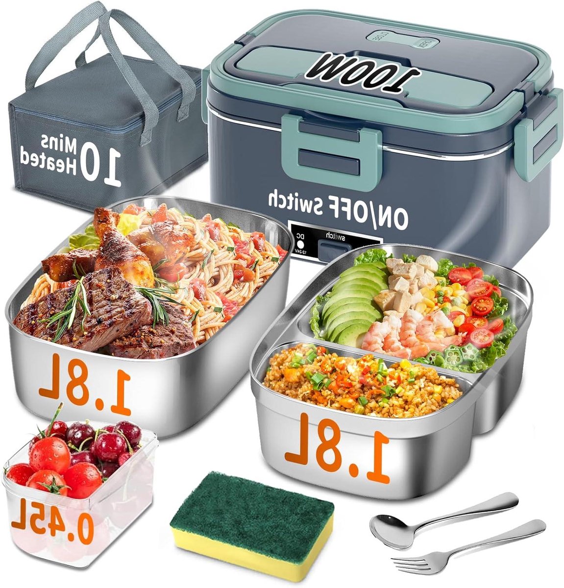 Elektrische Lunchbox - Verwarmde Broodtrommel - Warme Maaltijden Onderweg - 3-in-1 Voedselverwarmer - 1.8 Liter - Zilver