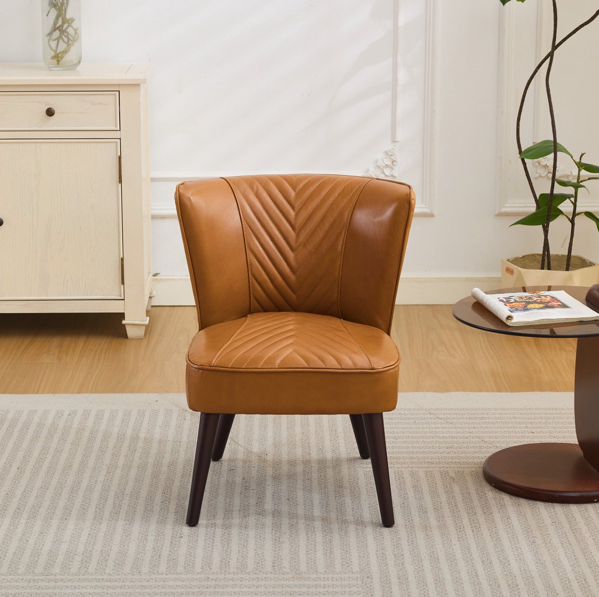 DESMIU Fauteuil 56 x 62 x 72 cm - Zonder Armleuningen Met Top Grain Leer En Gestikt Patroon - Voor Woonkamer En Home Office - Hout Lichtbruin