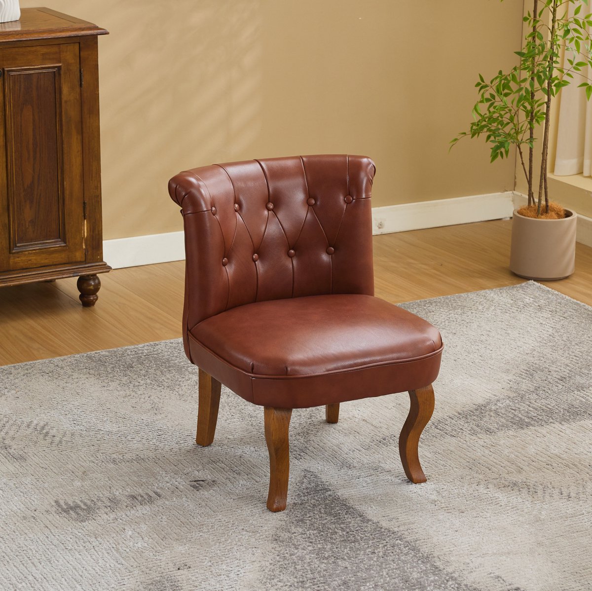 DESMIU Fauteuil 56 x 60,5 x 72,5 cm - Echtleren Zitting En Rugleuning Met Knopen - Voor Woonkamer, Eethoek En Werkkamer - Hout Bruin
