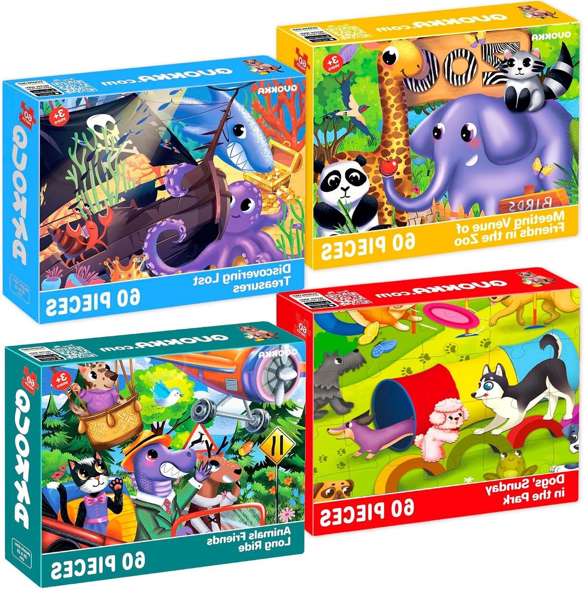 Puzzels 4x60 Stukjes - Legpuzzel Kinderen - Educatief Spel - Met Kader - 35 x 25 cm - Dieren