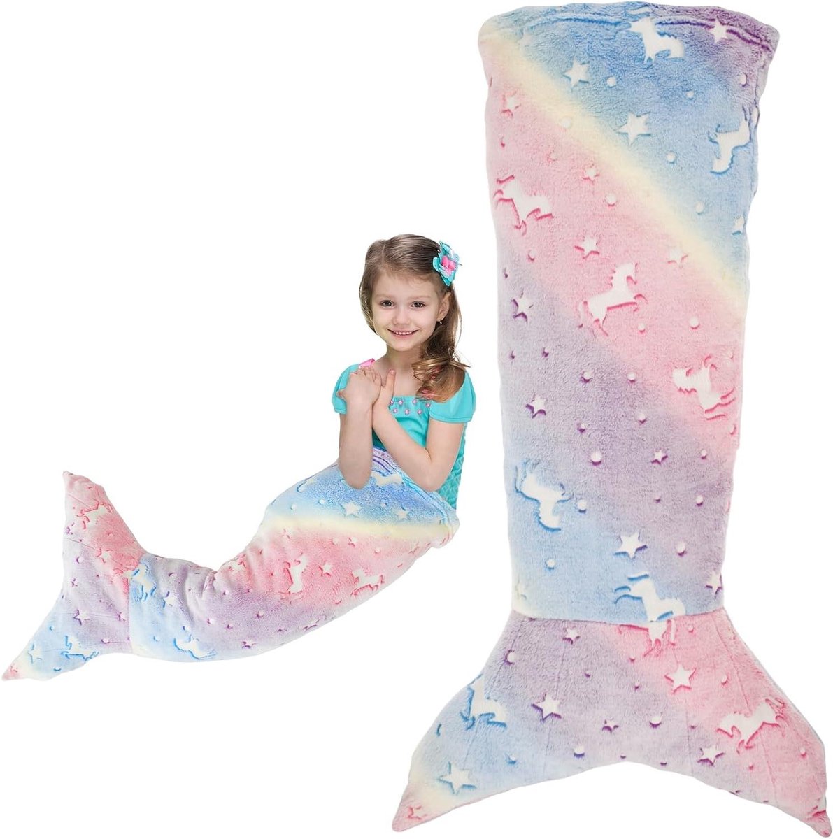 Zeemeerminstaart Deken - Knuffeldeken Kinderen - Ontspannen op de bank - Lichtgevend patroon - 50 x 100 cm - Roze Paars