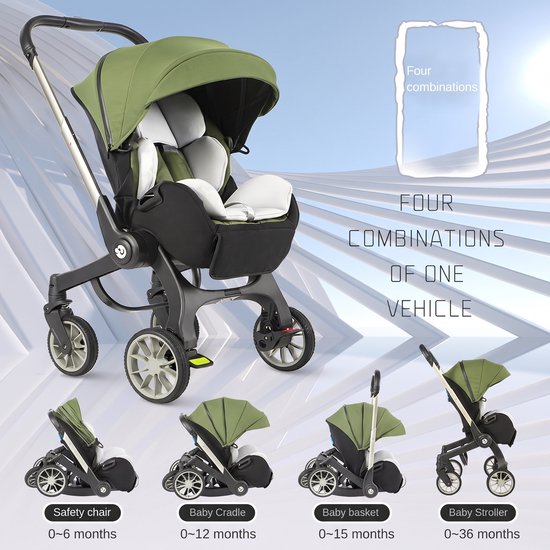 Legergroene kinderwagen met vier combinaties: autostoel, babywieg, babykorf en buggy, elk met leeftijdsindicatie.