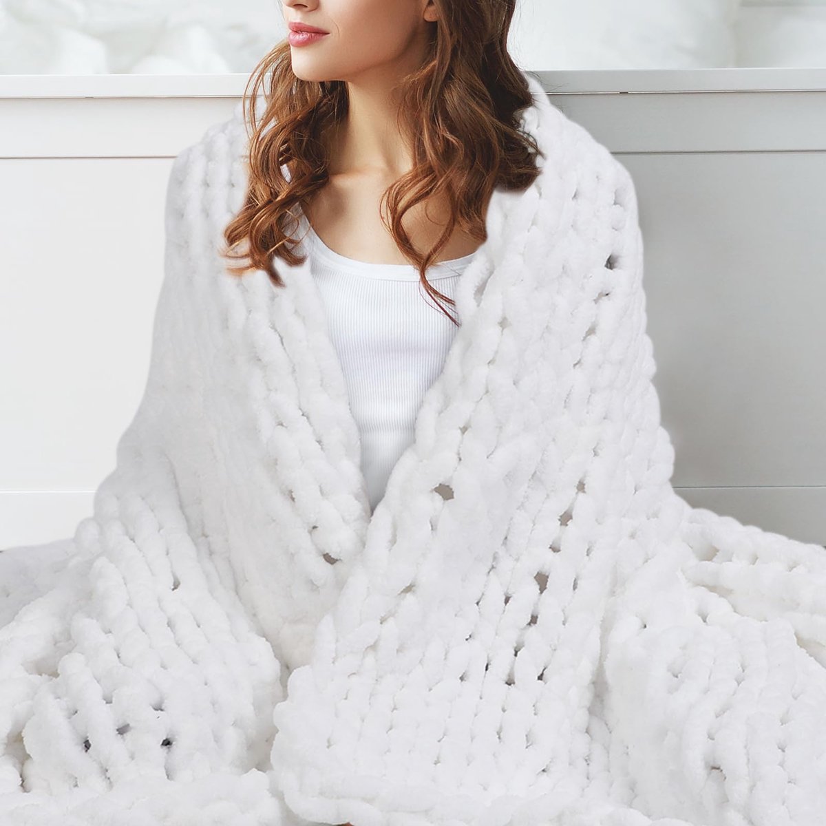 Dik Gebreide Deken, 127 x 152 cm Chenille Gestrickt, Warm & Gezellig, Handgebreid, Grof Gebreide Deken voor Bank en Bed