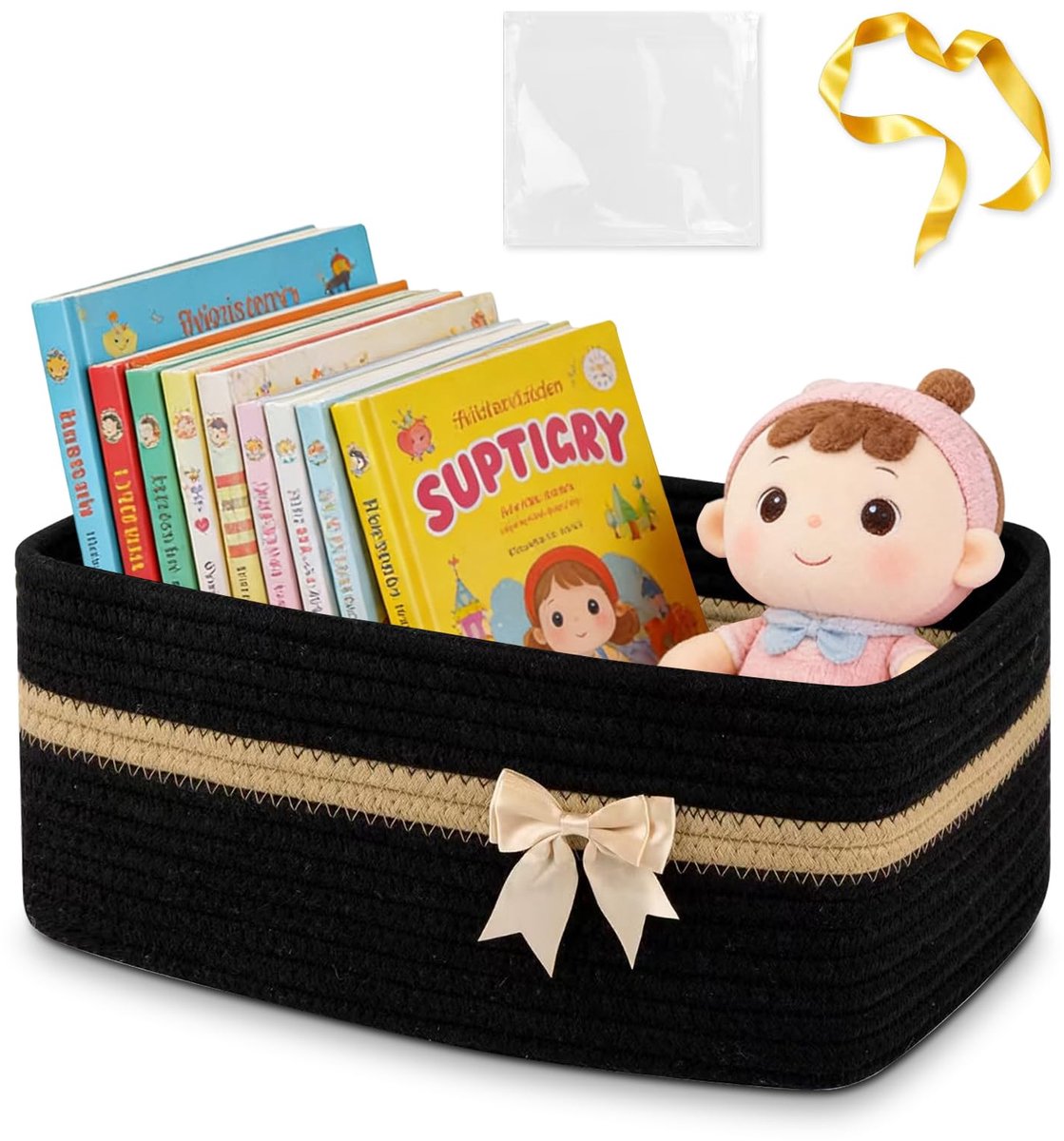 Mand met handgrepen, 34 x 15 x 25 cm, stoffen mand en geschenkmand, leeg, speelgoedmand voor kinderkamer, organizer voor handdoeken, snacks en hondenspeelgoed (zwart)