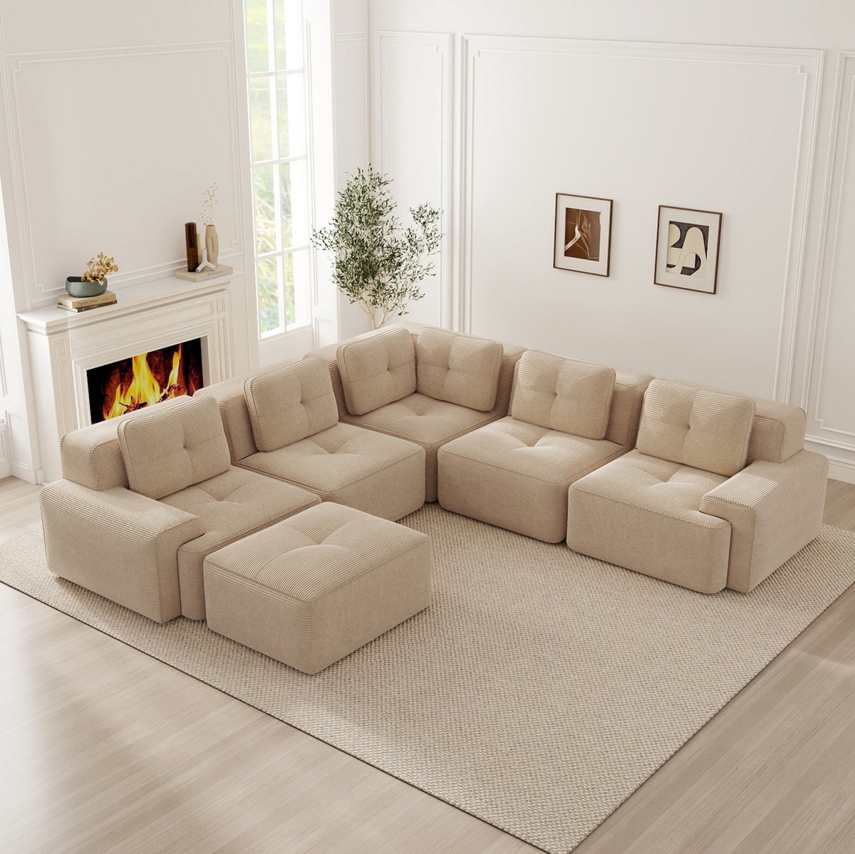 HAUSS SPOLE U-Bank - Modulaire Hoekbank Met Ottomane - Diepe Zitting En Antislip Ontwerp - Voor Woonkamer En Kantoor - Cord Beige