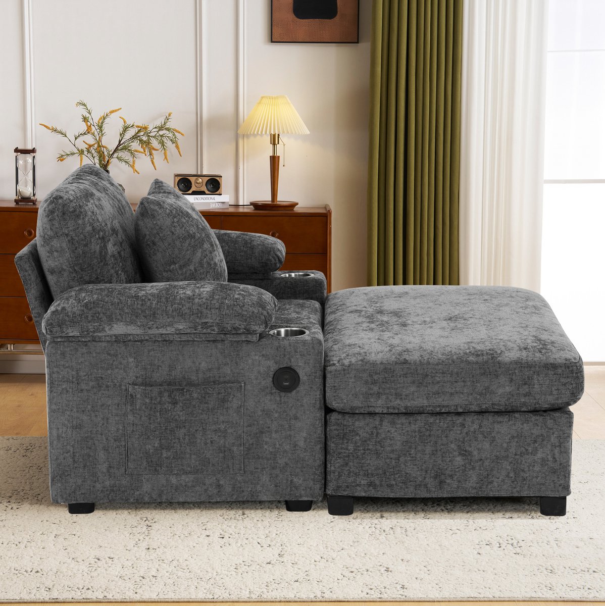 HAUSS SPOLE Chaise Longue - Loungestoel Met Voetenbank - USB-Oplaadfunctie En Bekerhouders - Voor Woonkamer En Kantoor - Chenille Donkergrijs