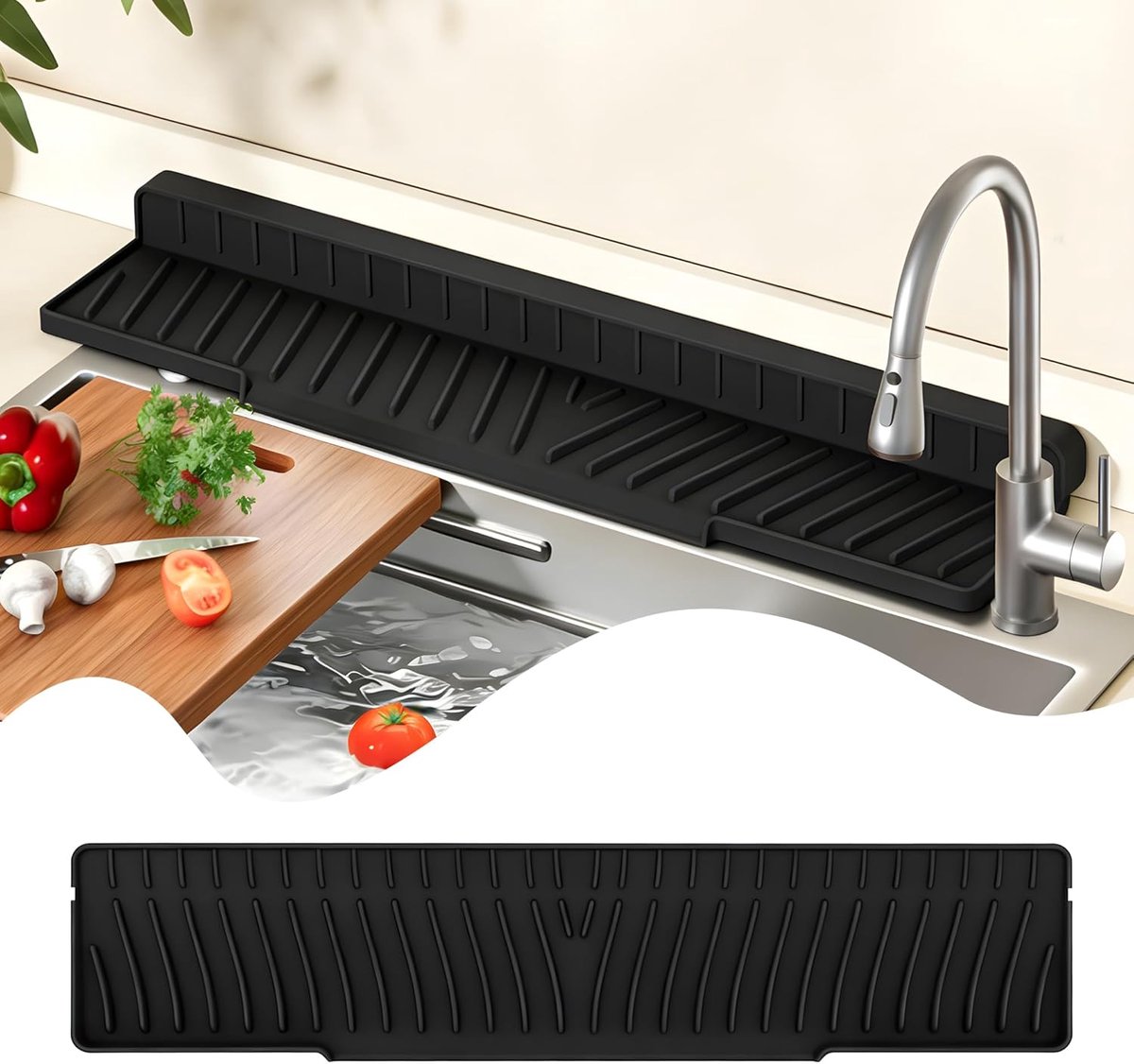 Afvoermat, Smalle Keuken Gootsteenmat, Opvouwbare Spatbeschermer voor Kraan, Bescherming voor Aanrechtblad bij Badkamer- en keukengootsteen (Zwart, 58 x 12 cm)