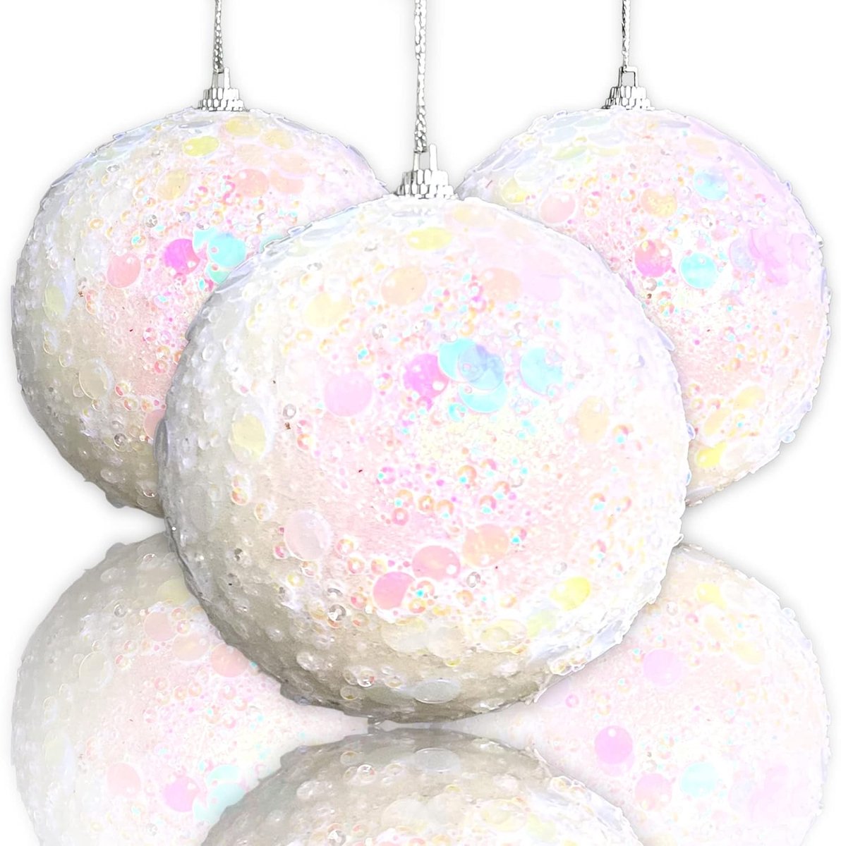 Set van 3 kerstboomversiering, kerstversiering, kerstballen met pailletten en glitter, van kunststof, onbreekbaar, ballen Ø 10 cm (wit)